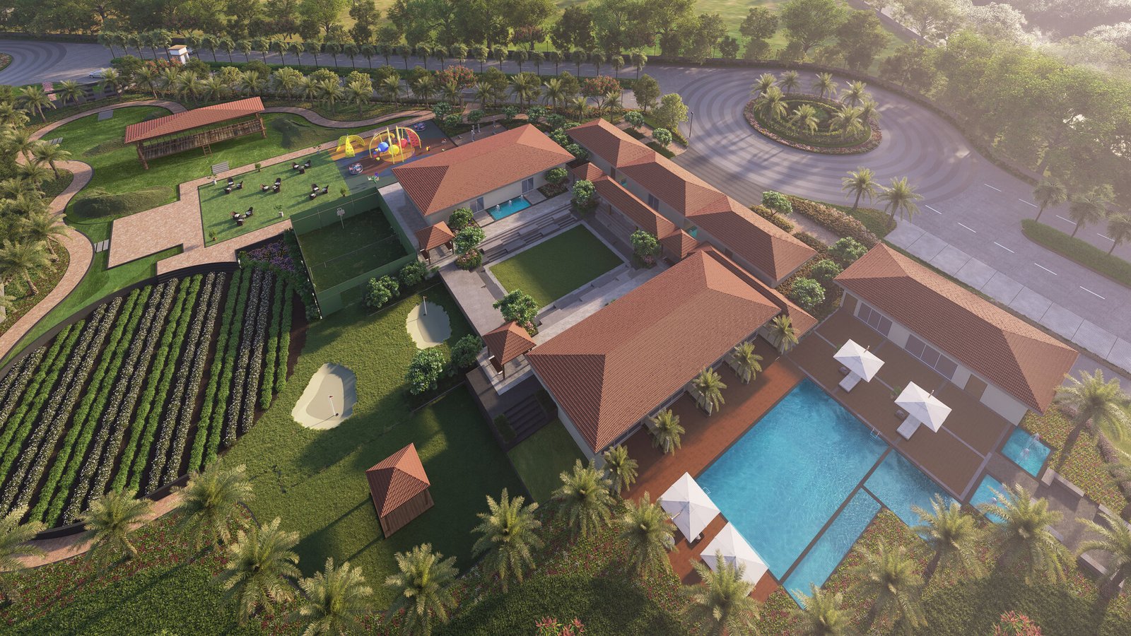 Aerial view of Joy Estate clubhouse, pool and landscaped grounds