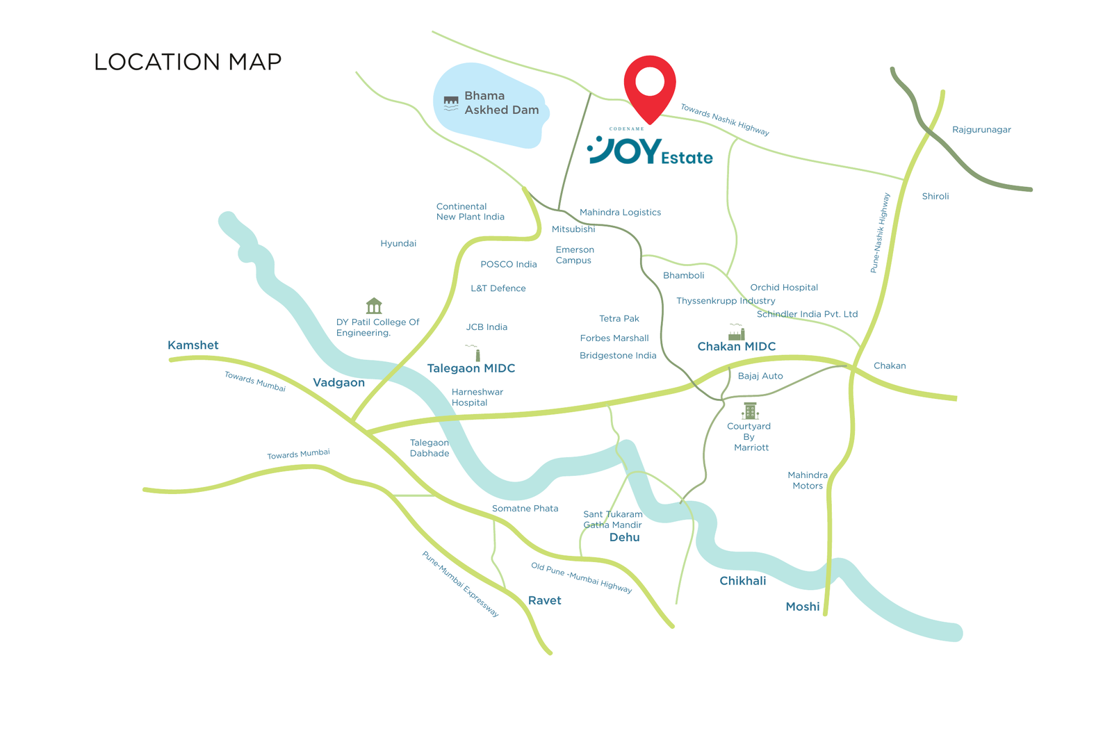 Detailed location map of Joy Estate near Talegaon-Chakan MIDC, Dhamne, Pune, with surrounding landmarks and industries